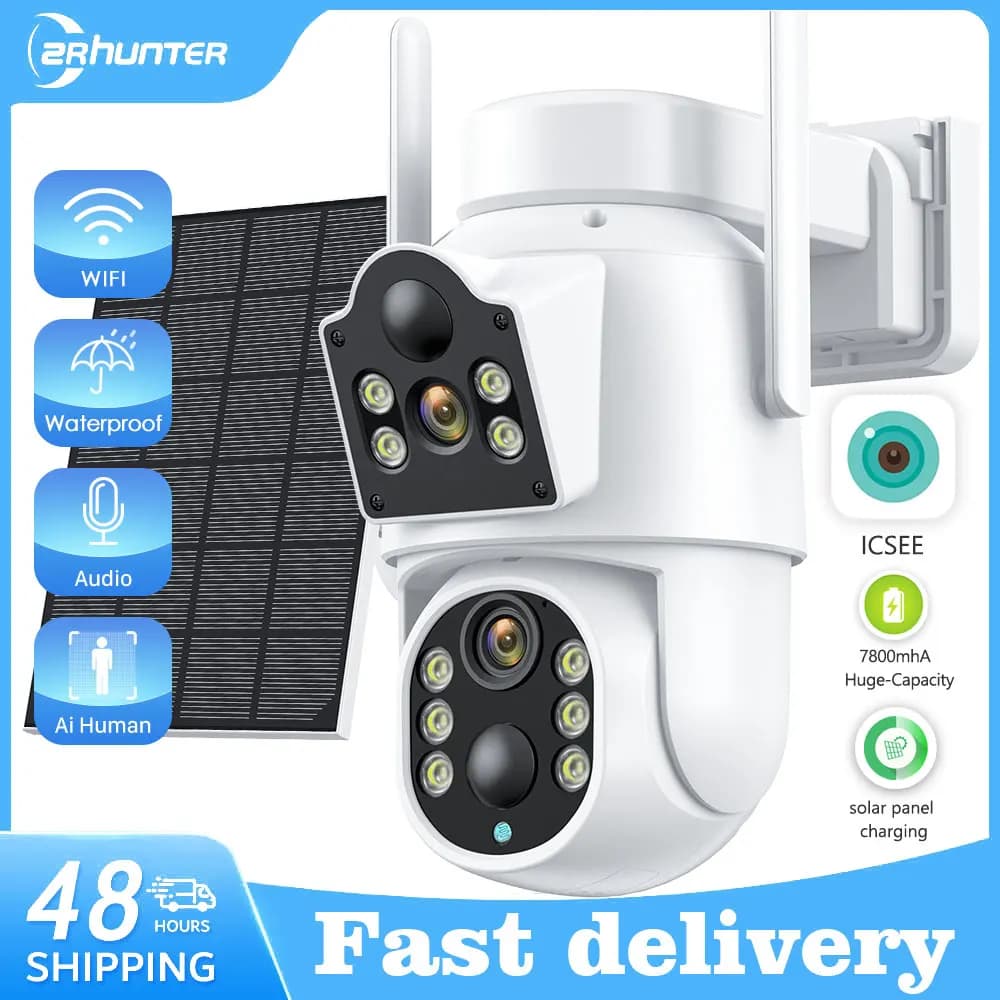 Caméra IP solaire WiFi extérieure double objectif PTZ caméra de sécurité 4MP HD batterie intégrée pa