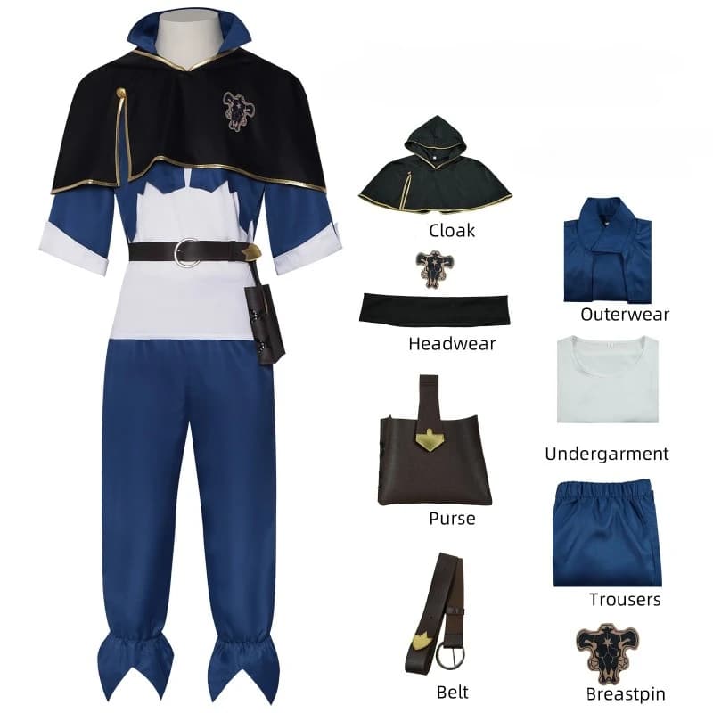 Costume de Cosplay Anime Asta, cape noire, haut bleu, ensemble pantalon, trèfle à quatre feuilles, t