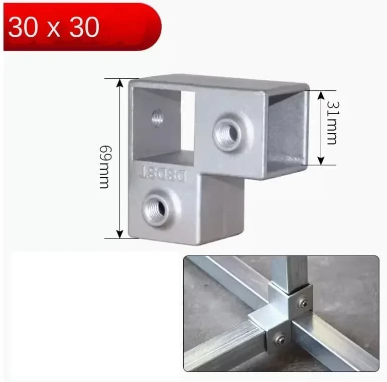 Pièce de connexion de Tube carré OD 30x30mm, coude en alliage d'aluminium, tuyau carré à trois voies