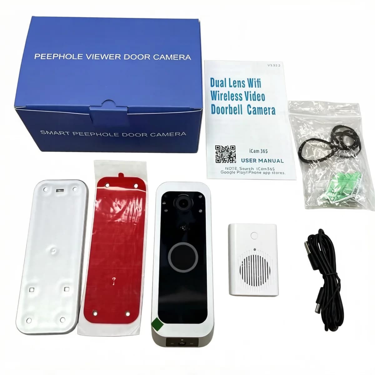 Sonnette IP Wi-Fi 4MP iCam365 APP à double objectif, visiophone, caméra de porte avec carillon intér