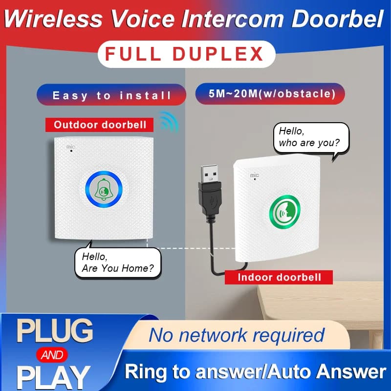 Interphone sans fil longue portée, audio bidirectionnel, sonnette de porte