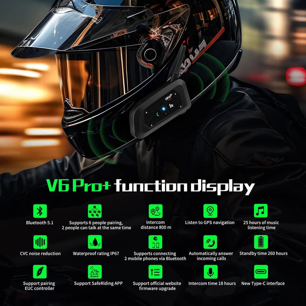 EJEAS V6 PRO + Bluetooth casque de moto Interphone casque avec 800M BT Interphone communicateur pour 6 coureurs étanche MP3