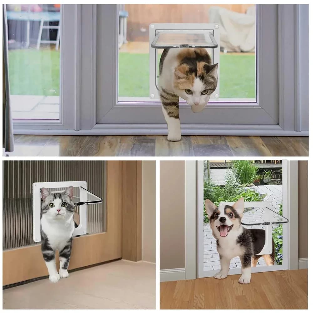 Chatière de Porte pour Chat ABS Magnétique Sécurité Renforcée Intérieure Extérieure Fenêtre Serrure 4 Voies