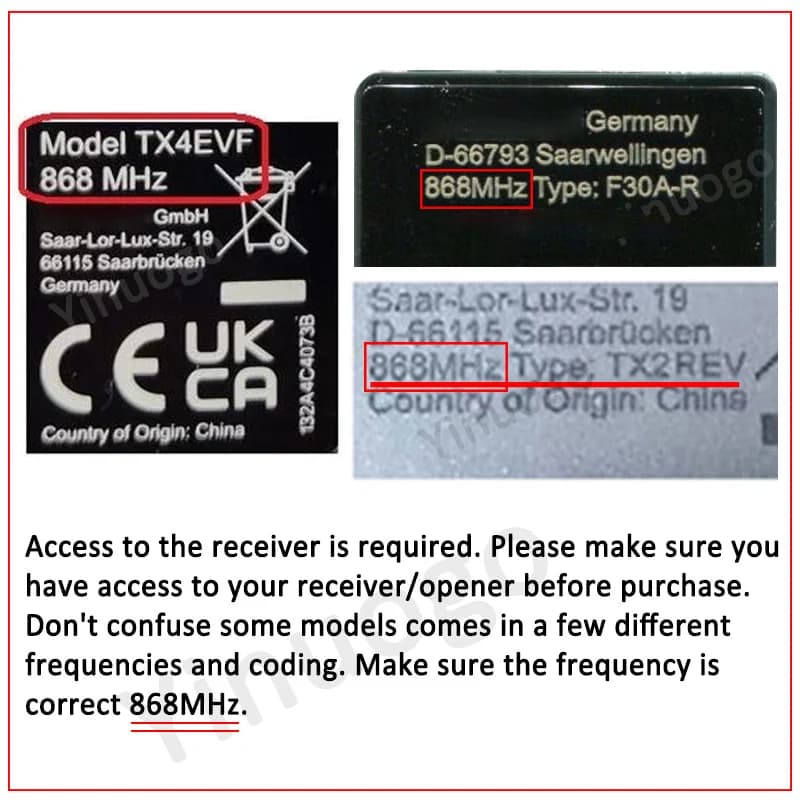 Pour télécommande de porte de garage/portail 868 MHz TX2REV TX4REV TX4REVF TX4EVF TX2EV TX4EV