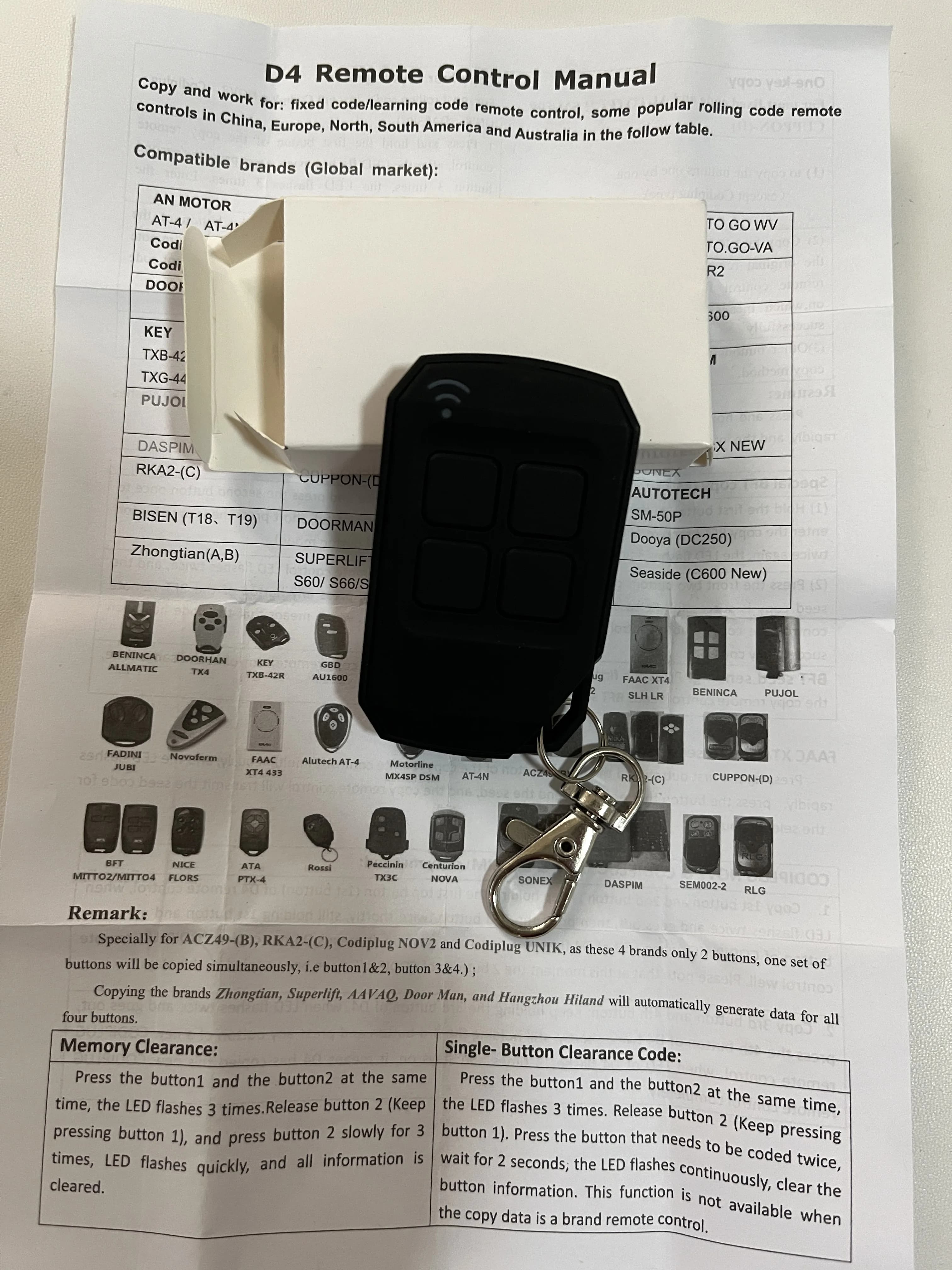 Télécommande de porte 433.92Mhz D4