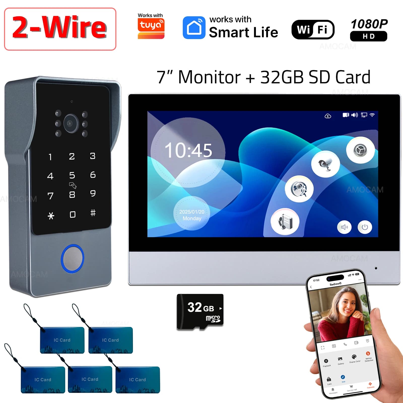 Système d'interphone vidéo intelligent Wi-Fi 1080P à 2 fils pour maison connectée