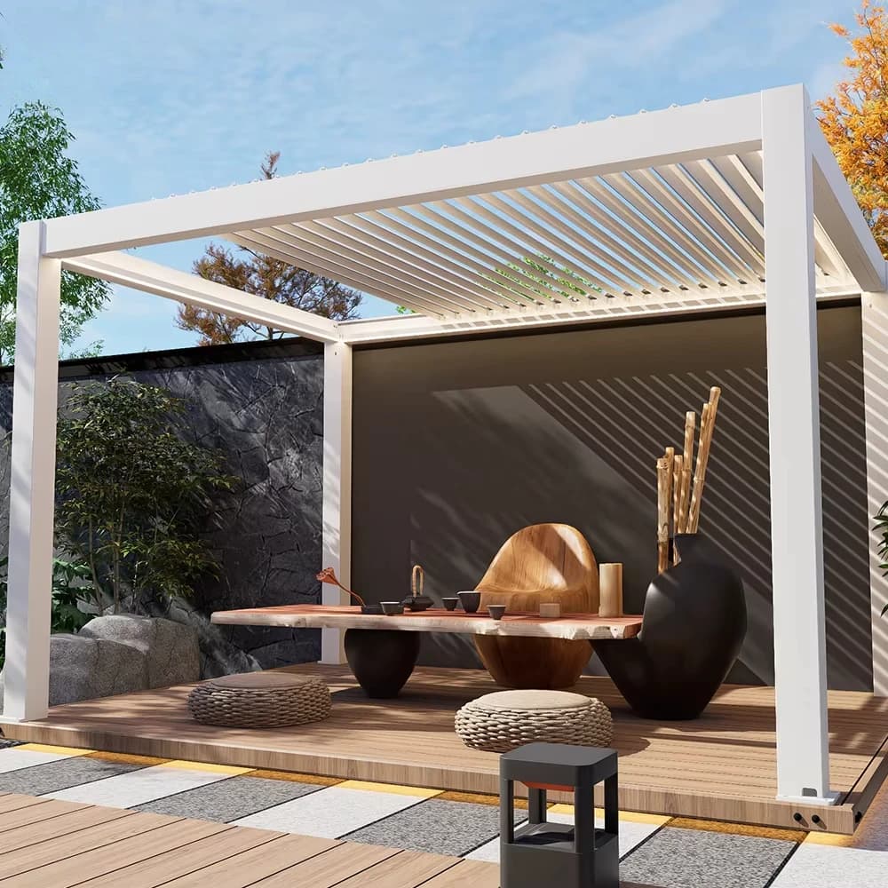 Pergola en aluminium avec porte coulissante vitrée, pavillon moderne pour jardin, extérieur, cour, patio, villa, intimité