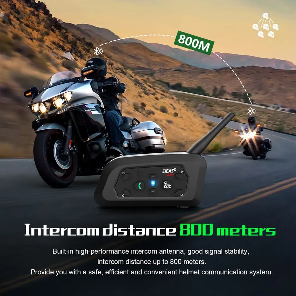 EJEAS V6 PRO + Bluetooth casque de moto Interphone casque avec 800M BT Interphone communicateur pour 6 coureurs étanche MP3