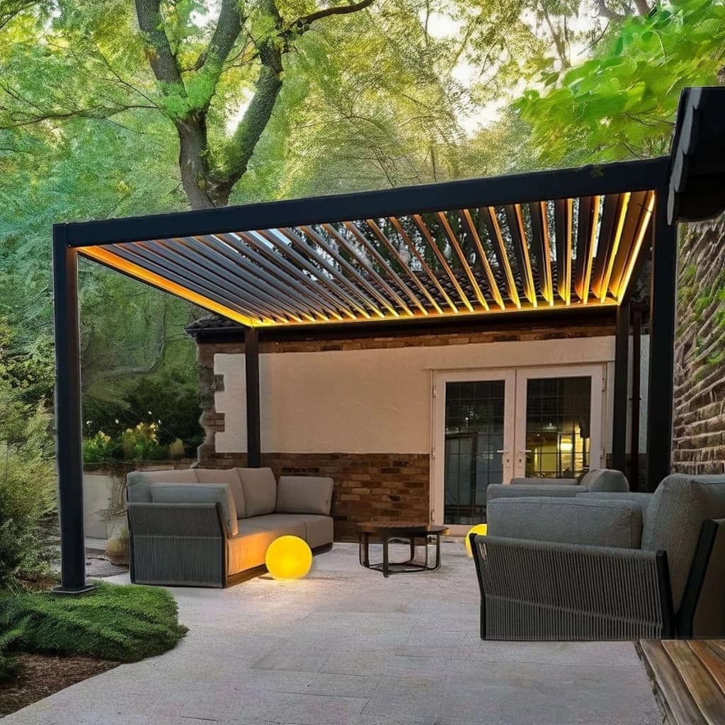 Pergola motorisée en aluminium tonnelle bioclimatique lumières LED toit à persiennes portes coulissantes en verre Patio