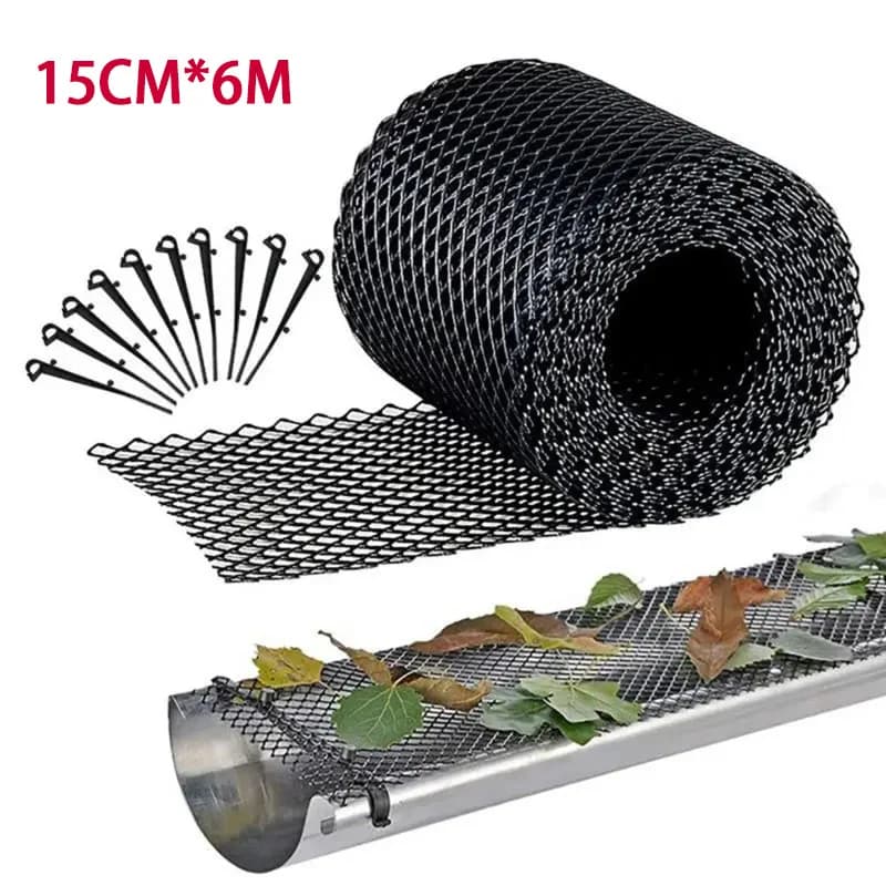 Tapis de Protection de gouttière en maille 15cm x 6m, bloc de gouttière, empêche le colmatage, filet de Protection de jardin avec goupille de fixation
