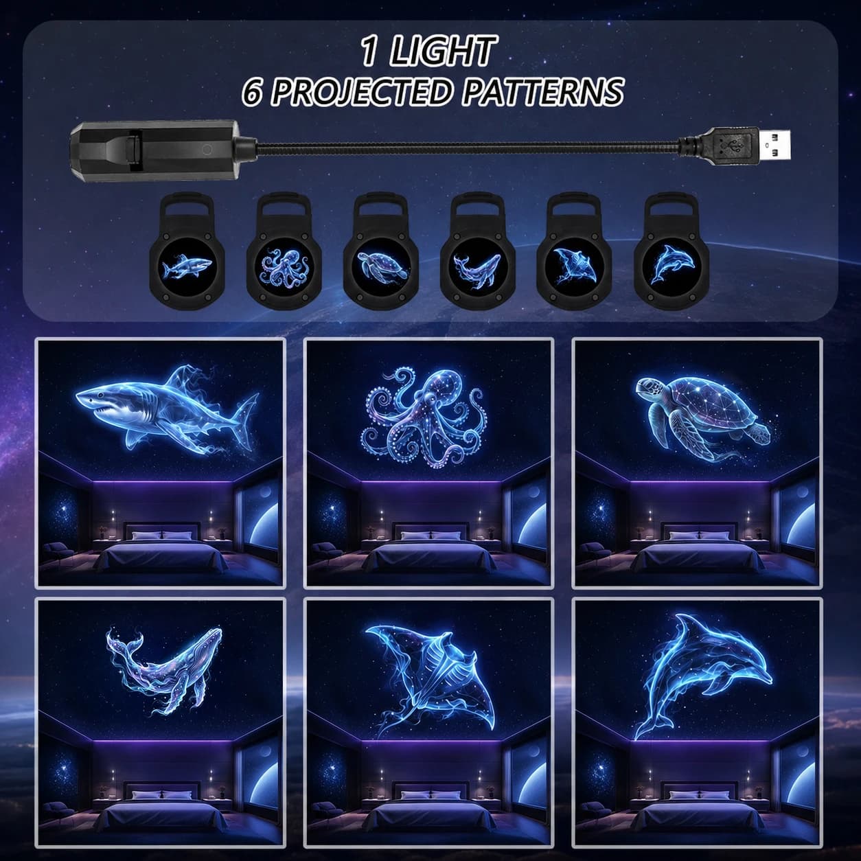 Six projecteurs sur le thème des océans, avec des images de dauphins, de requins et de tortues marines, créent une scène romantique de fond de mer.