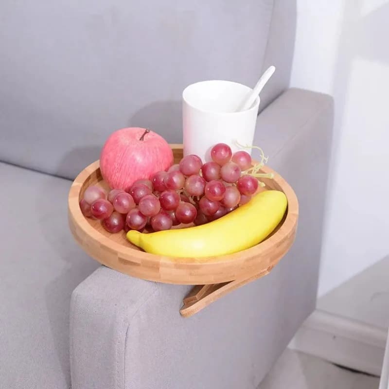 Plateau d'accoudoir de canapé en bois, Clip circulaire sur plateau de petit déjeuner, usage domestique, Table d'appoint de canapé pliable, plateau de collation, plateau de rangement intégré