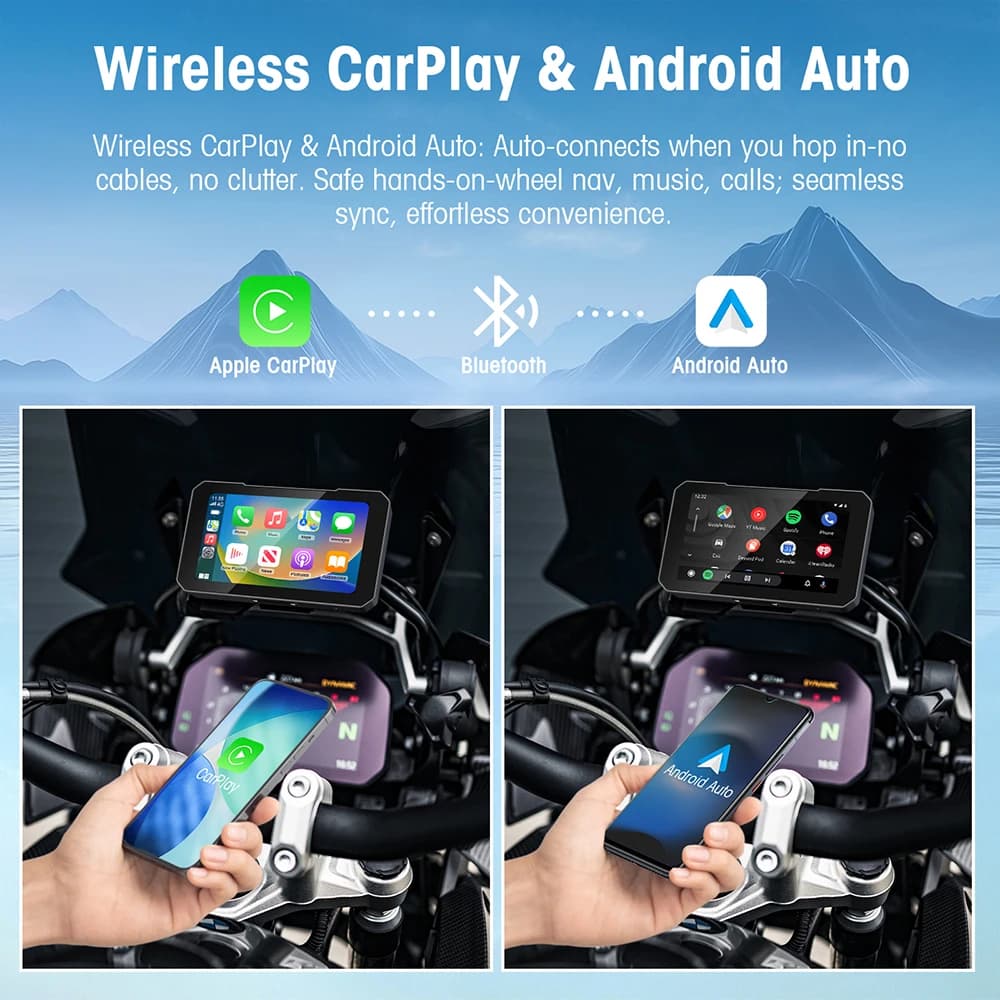 Écran de moto 5 pouces, DVR moto, navigation GPS, CarPlay sans fil, Android Auto, étanche IP67, moto