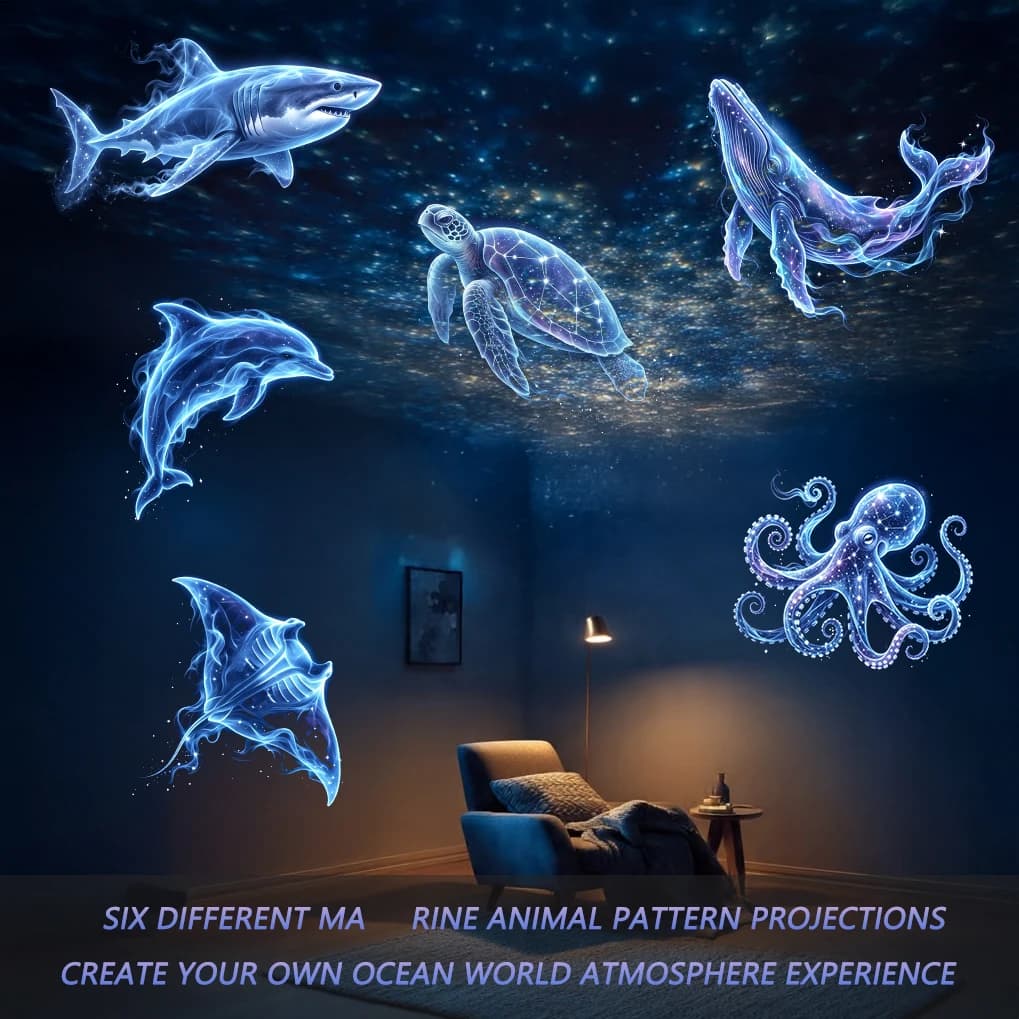 Six projecteurs sur le thème des océans, avec des images de dauphins, de requins et de tortues marines, créent une scène romantique de fond de mer.