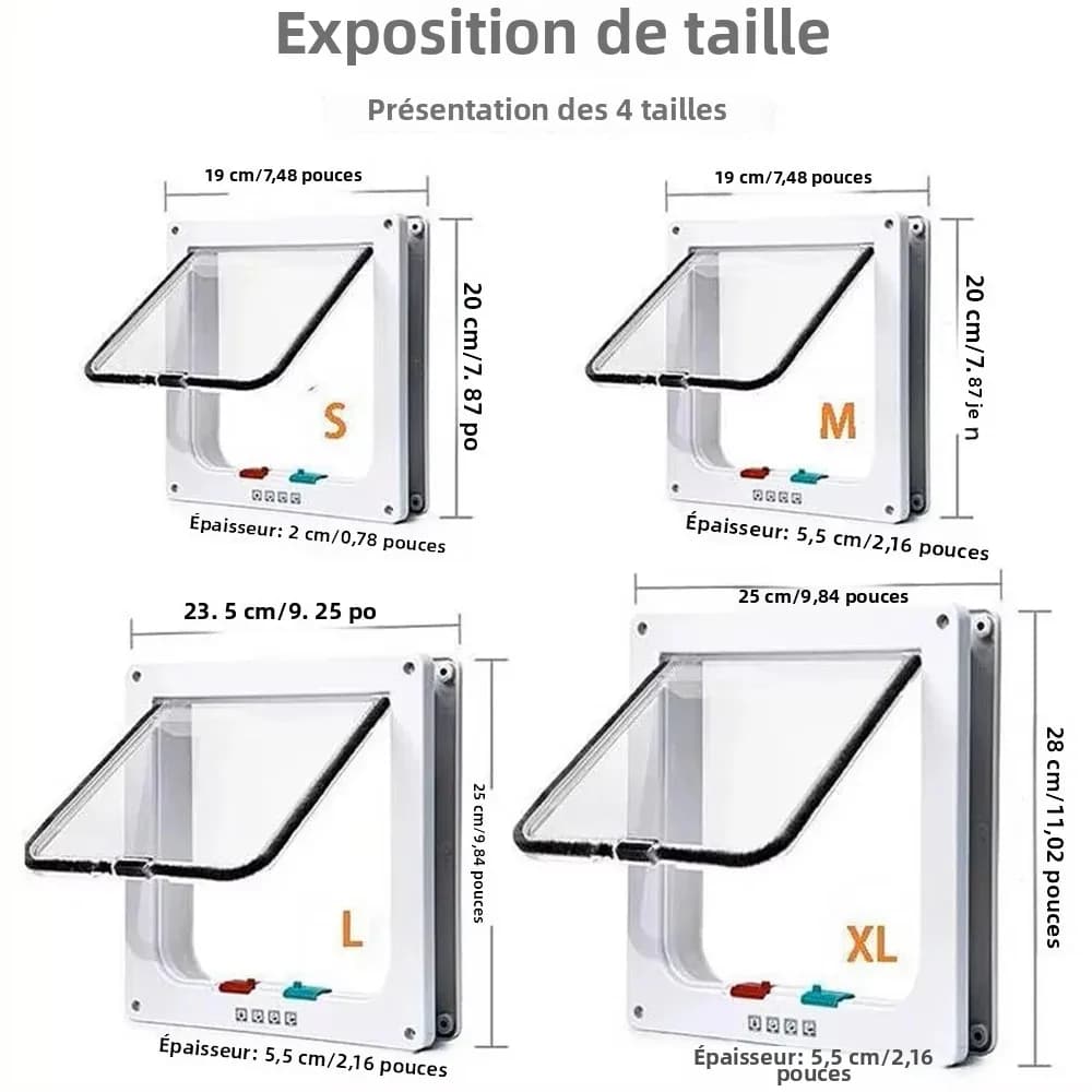 Chatière de Porte pour Chat ABS Magnétique Sécurité Renforcée Intérieure Extérieure Fenêtre Serrure 4 Voies