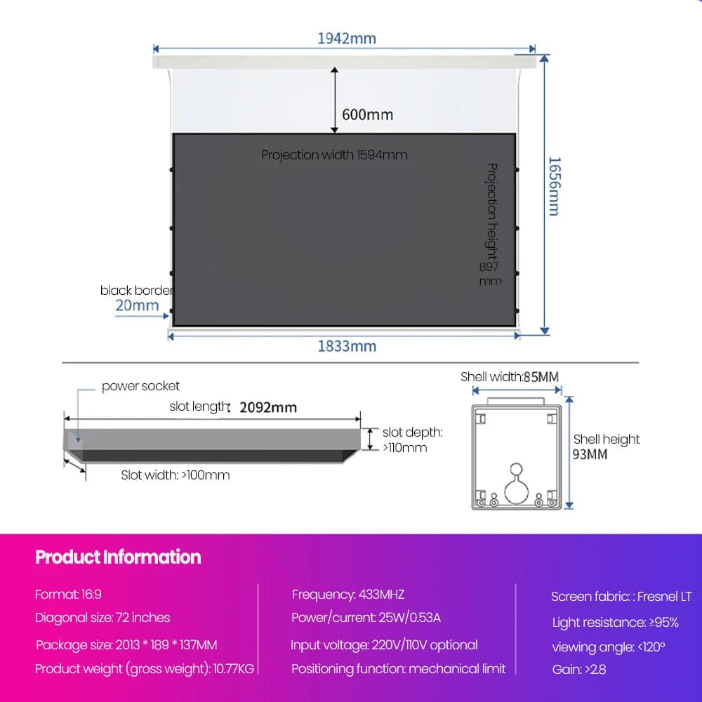 Écran de projection motorisé électrique Fresnel 5.0Pro LT 2026 en promotion avec support mural flott