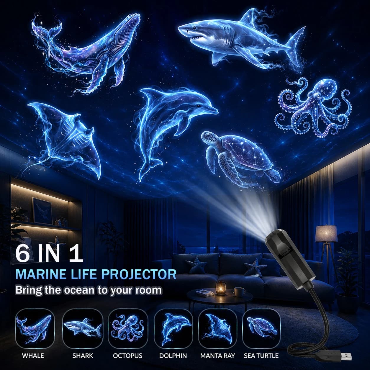 Six projecteurs sur le thème des océans, avec des images de dauphins, de requins et de tortues marin