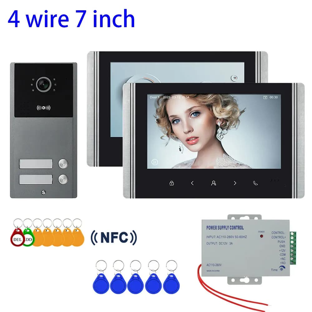 Interphone vidéo pour bâtiment d'appartement, 4 fils, 7 pouces, sonnette de porte, caméra avec 2/3/4