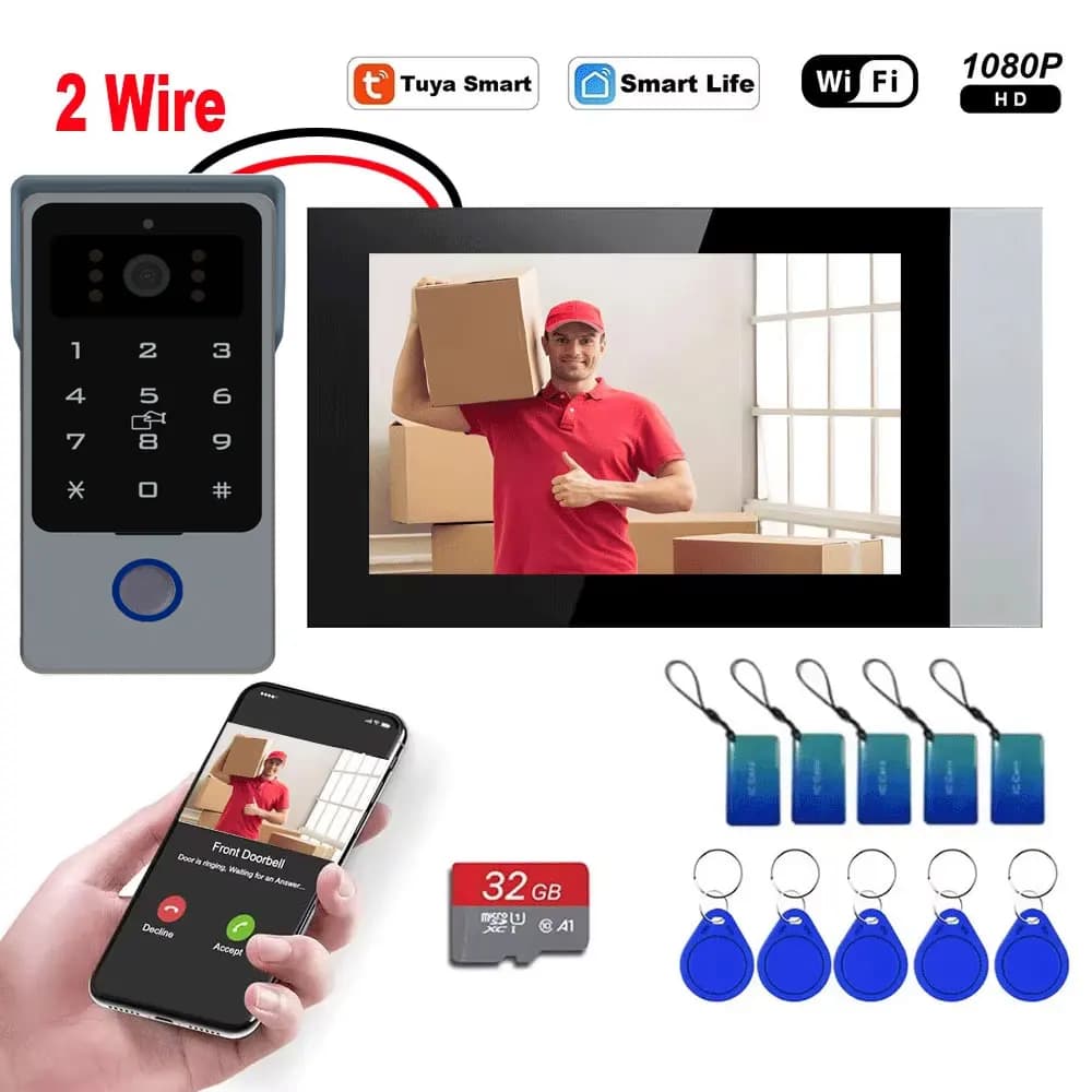 Système d'interphone vidéo à 2 fils, écran tactile WiFi 7 pouces 1080P, carte 32G, Code mot de passe