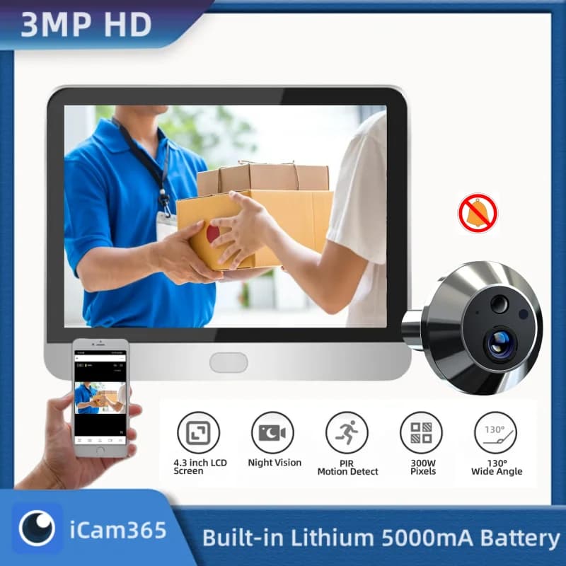 Caméra de porte sans fil WiFi ICam365 3MP, grand angle 130° ° Porte d'entrée numérique intelligent