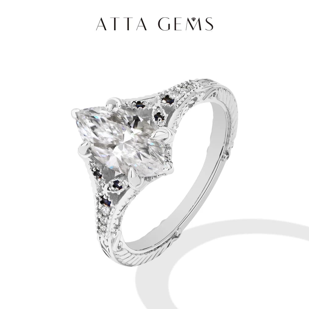 ATTAGEMS – bague en Moissanite taille Marquise, 2ct, avec saphir de laboratoire, en argent Sterling