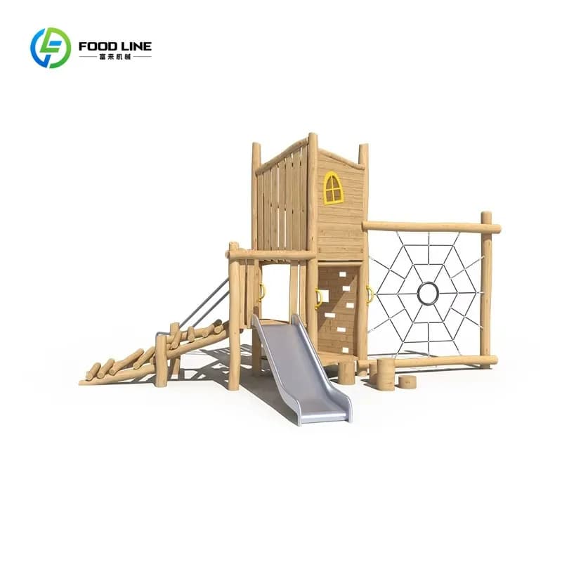 Aire de jeux pour enfants en bois résistant aux intempéries avec toboggans et escalades pour les esp