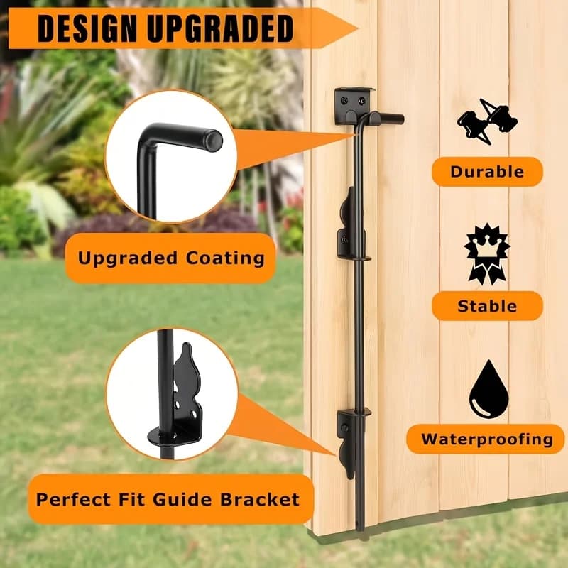 Une serrure de portail robuste en métal noir avec un loquet en rotin, pour fixer le portail au sol