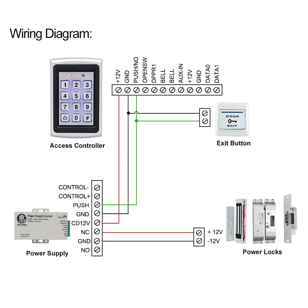 Kit de système de contrôle d'accès RFID en métal avec couvercle étanche + serrure magnétique électrique 180KG + 10 porte-clés + alimentation + bouton de sortie