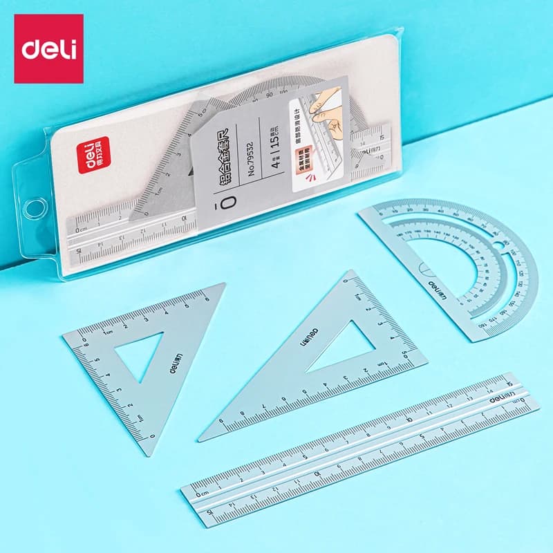 DELI – ensemble de dessin en aluminium, 4 pièces, ensemble de règles pour l'école, règle droite, rapporteur triangulaire, papeterie