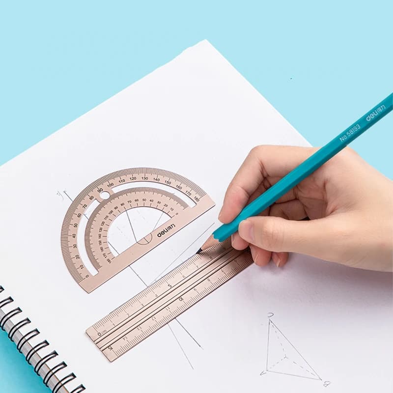 DELI – ensemble de dessin en aluminium, 4 pièces, ensemble de règles pour l'école, règle droite, rapporteur triangulaire, papeterie