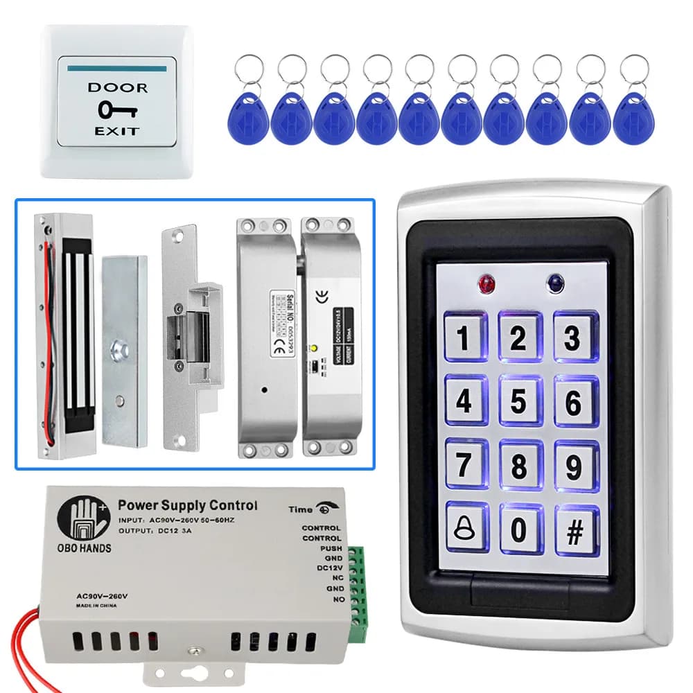 Kit de système de contrôle d'accès RFID en métal avec couvercle étanche + serrure magnétique électrique 180KG + 10 porte-clés + alimentation + bouton de sortie