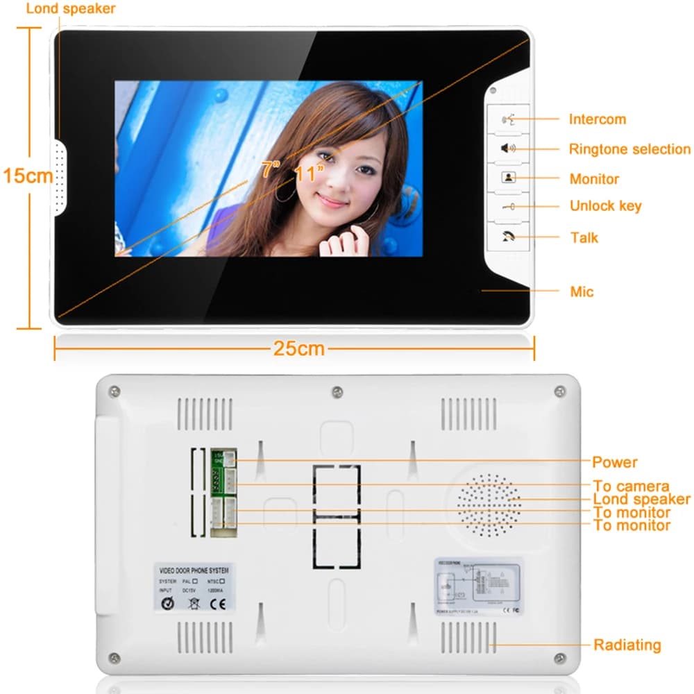 Kit d'interphone de sonnette de visiophone de 7 pouces