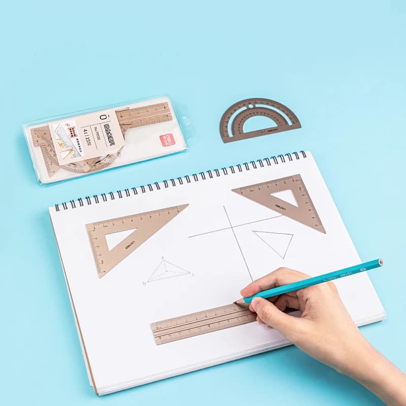 DELI – ensemble de dessin en aluminium, 4 pièces, ensemble de règles pour l'école, règle droite, rapporteur triangulaire, papeterie