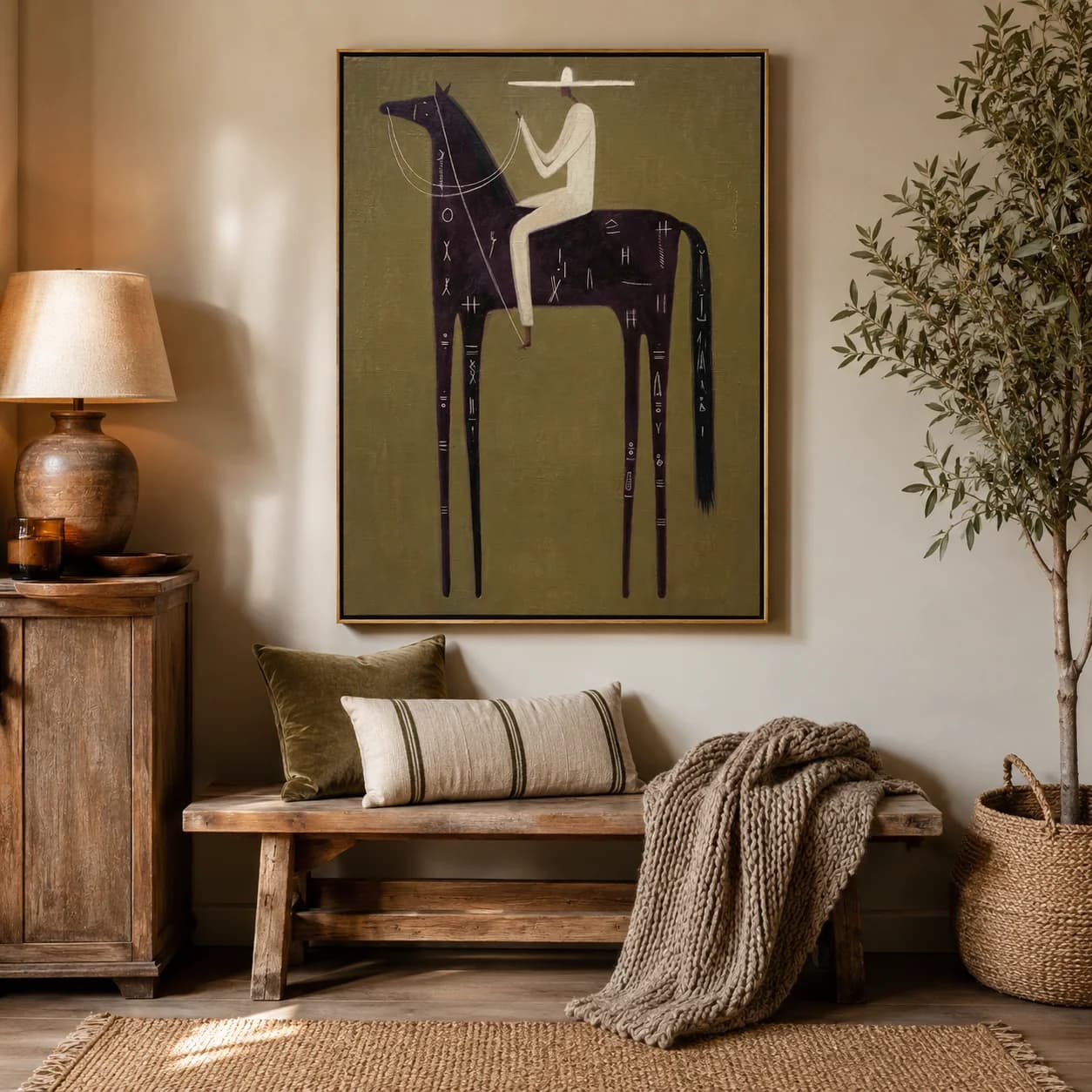 Le Cheval Glyph – Peinture vintage Americana d'un cavalier sur un cheval noir avec inscription | Impression sur toile pour chambre à coucher, salon