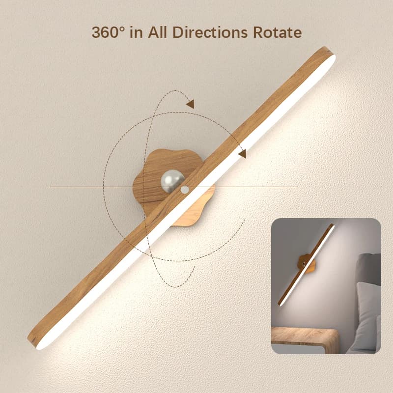 Lampe murale magnétique rotative, sans perçage 360° ° Lampe de chevet rotative, lampe de lecture LED à effet bois, blanc chaud/blanc froid