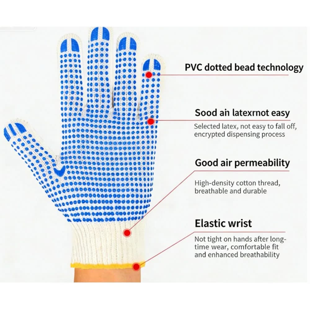 5 paires de gants de travail avec grip antidérapant, protection en coton avec points en PVC, pour peintre, mécanicien, construction industrielle