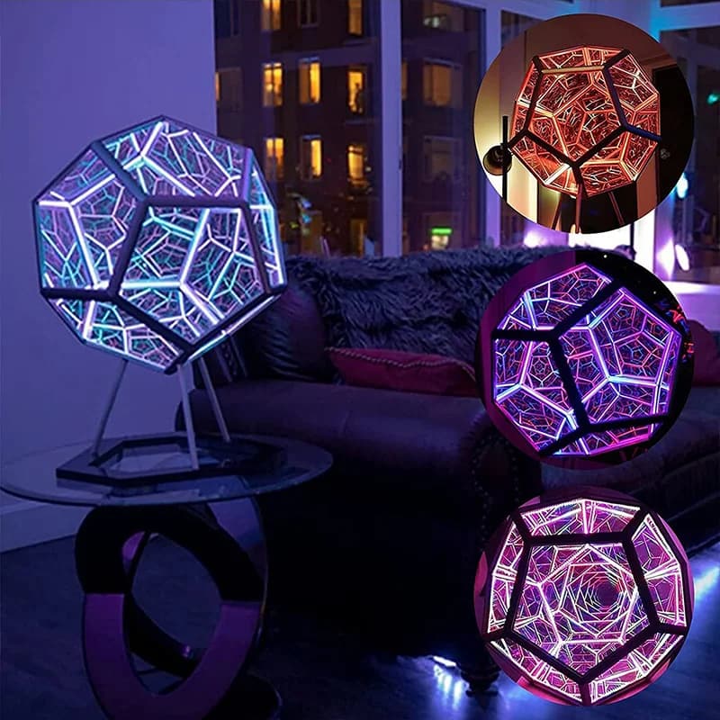 Veilleuse LED géométrique de rêve avec support, lumière d'art miroir dodecaèdre infini, cadeaux créatifs de Noël et d'anniversaire