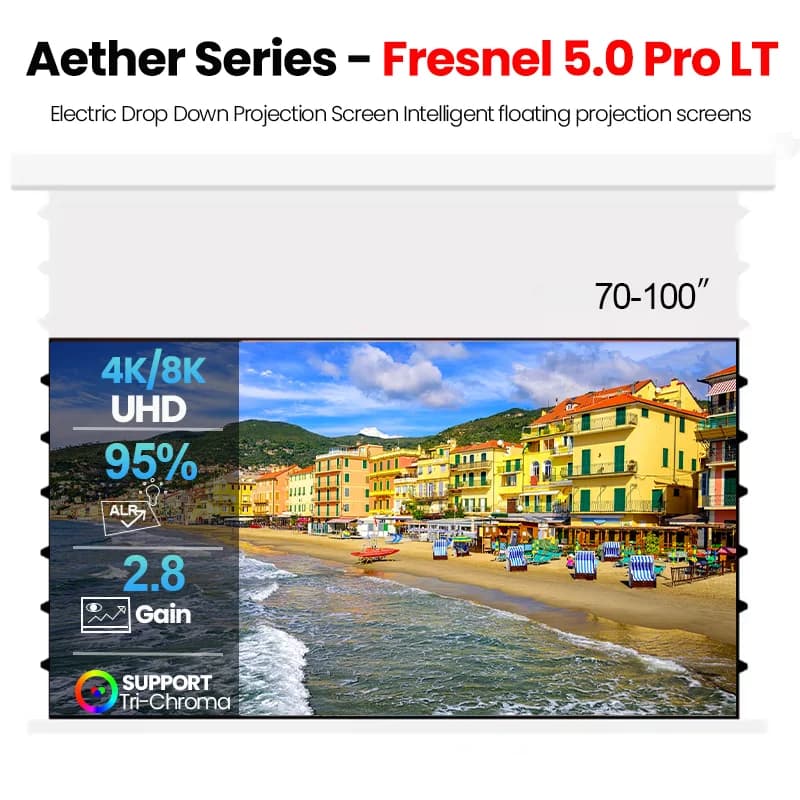 Écran de projection motorisé électrique Fresnel 5.0Pro LT 2026 en promotion avec support mural flottant pour projecteur 4K standard