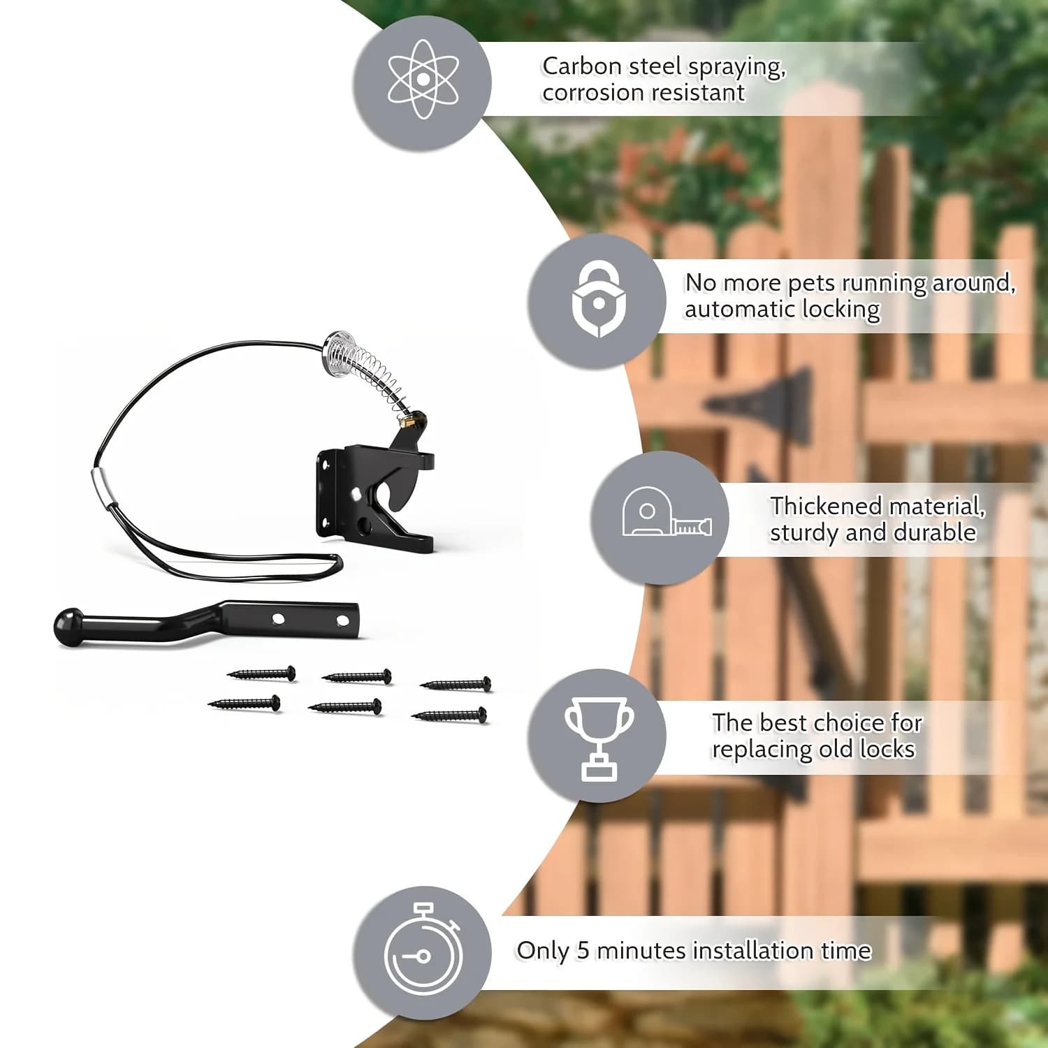 Loquet de portail avec câble à ressort pour clôture - Acier au carbone