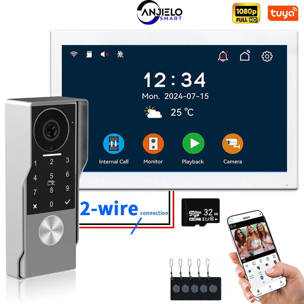 ANJIELO visiophone 2 fils avec application TUYA carte IC broche déverrouiller 24 caméra IP prise en charge système d'interphone vidéo intelligent pour la maison 1080P