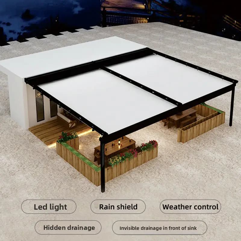 Pergola rétractable moderne, auvent imperméable en PVC, aluminium thermolaqué, résistant aux UV, pare-soleil extérieur écologique