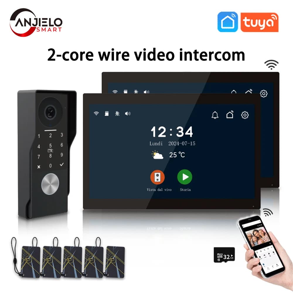 Anjielo Interphone Vidéo Intelligent TUYA 2 Fils Filaire 1080P Caméra Étanche WIFI Écran Tactile IPS 7/10 Pouces Prise en Charge IP CCTV