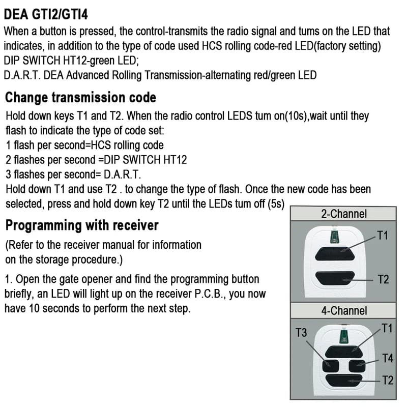 Télécommande Dea Gti2 Gti4 433Mhz