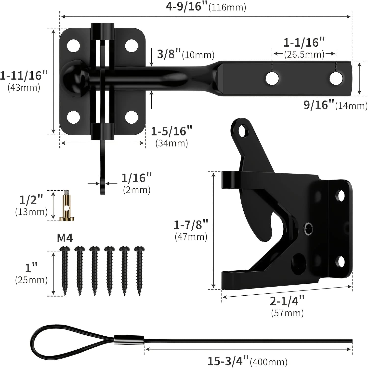 Loquet de portail avec câble à ressort pour clôture - Acier au carbone