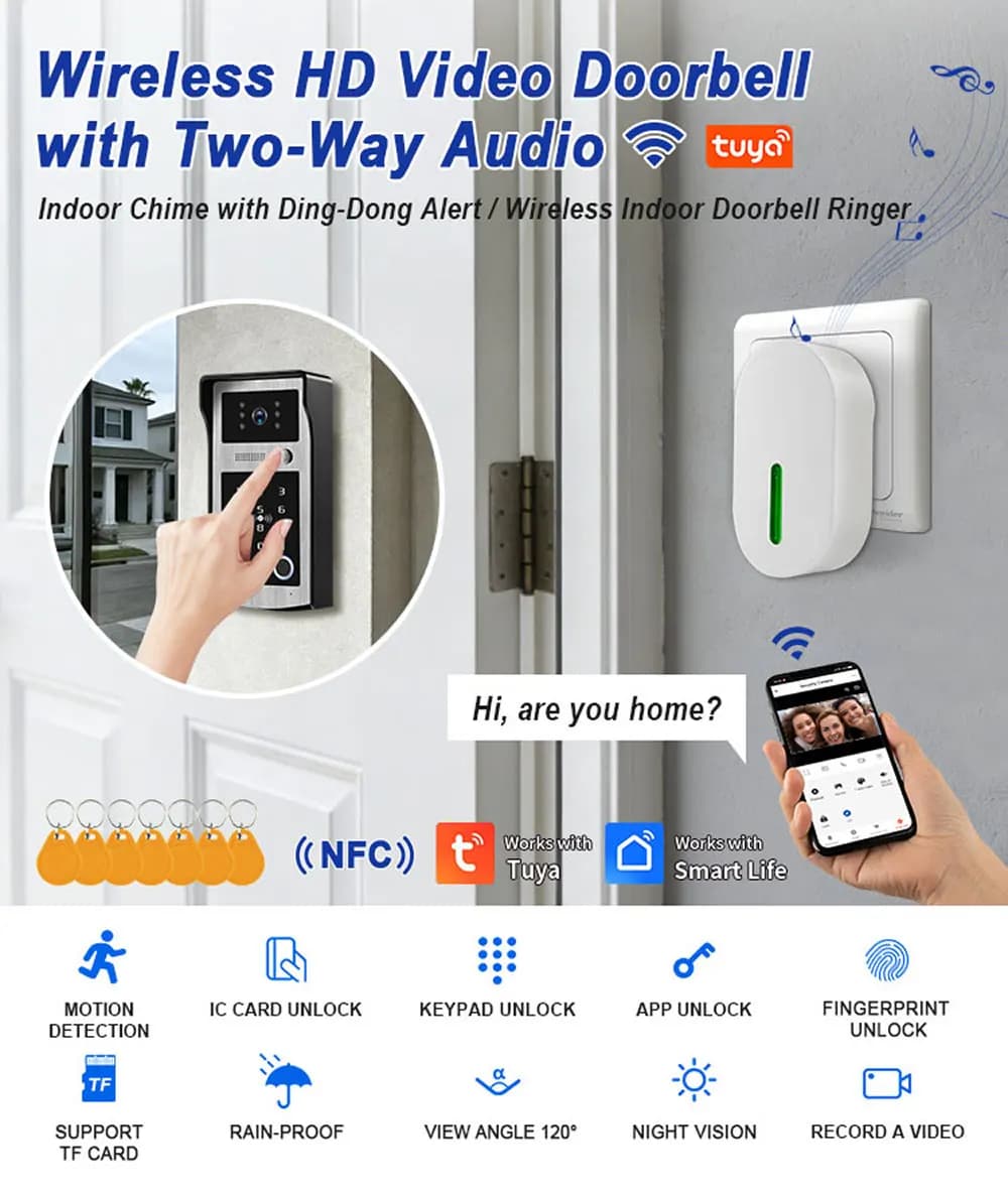 Sonnette vidéo WiFi Tuya RFID avec caméra HD 1080P couleur