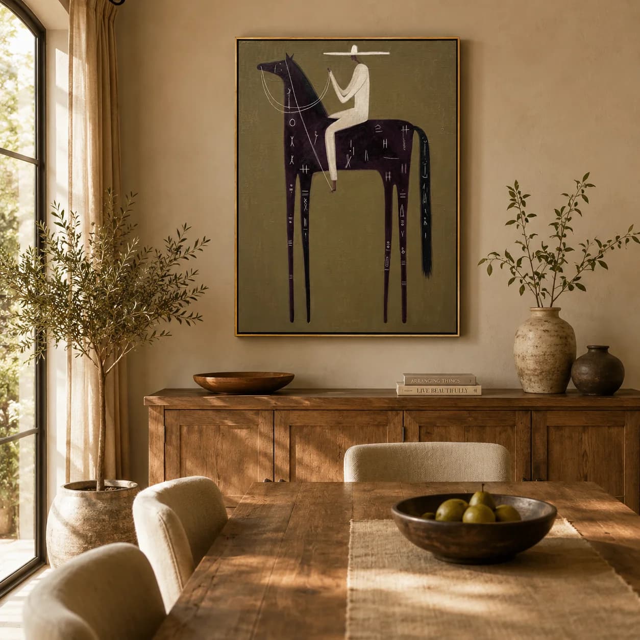Le Cheval Glyph – Peinture vintage Americana d'un cavalier sur un cheval noir avec inscription | Impression sur toile pour chambre à coucher, salon