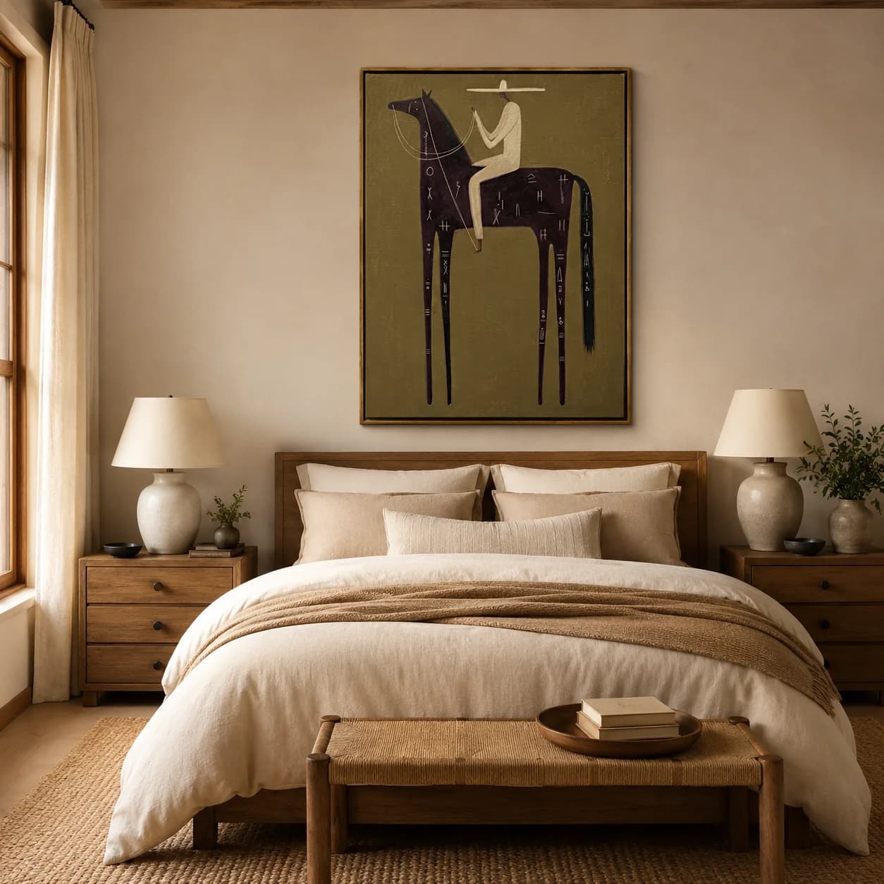 Le Cheval Glyph – Peinture vintage Americana d'un cavalier sur un cheval noir avec inscription | Impression sur toile pour chambre à coucher, salon