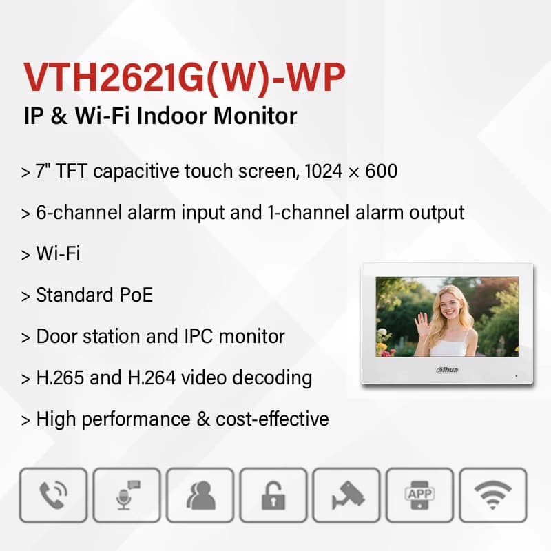 Dahua IP & Wi-Fi moniteur intérieur blanc VTH2621GW-WP noir VTH2621G-WP interphone vidéo 7 "écran PoE