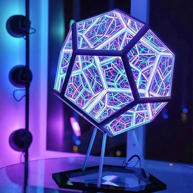 Veilleuse LED géométrique de rêve avec support, lumière d'art miroir dodecaèdre infini, cadeaux créatifs de Noël et d'anniversaire