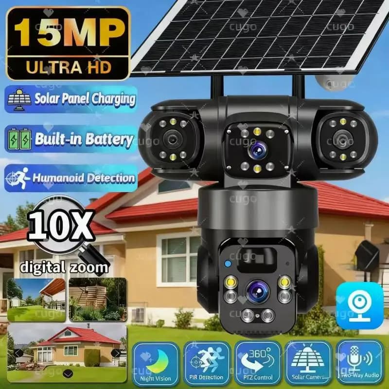 Caméra IP 15MP WiFi PTZ trois caméras extérieure sans fil solaire 20000Mah batterie intégrée